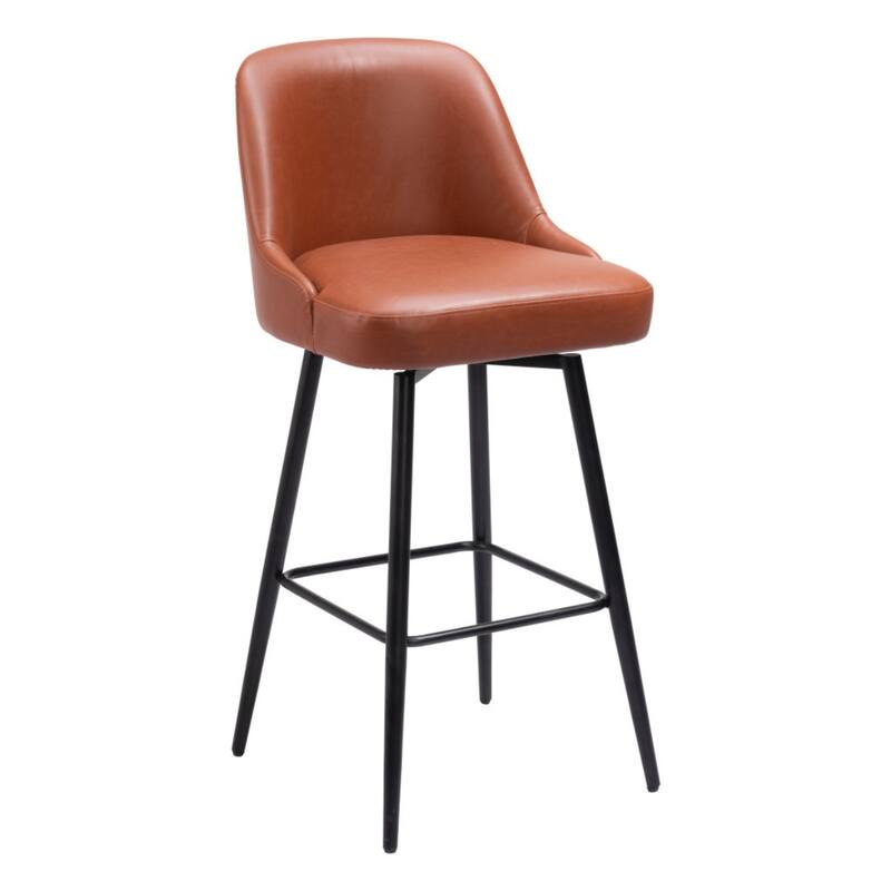 30” Bar Height Swivel Stool with Brown Faux Leather Bucket Seat and Black Steel Frame for Kitchen - 41.7”H x 19.7”W x 21.7”D