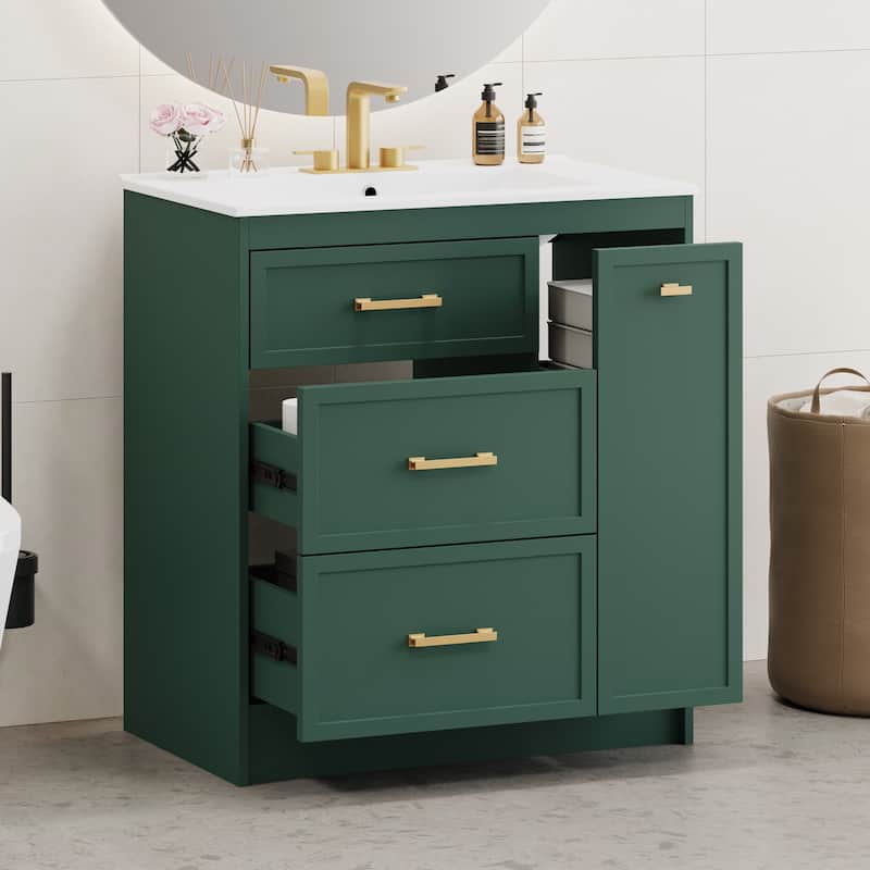 Classic Floor Storage Cabinet Freestanding Vanity for Bathroom with Side Double Layer Drawer, 2 Drawers and Gold Handles