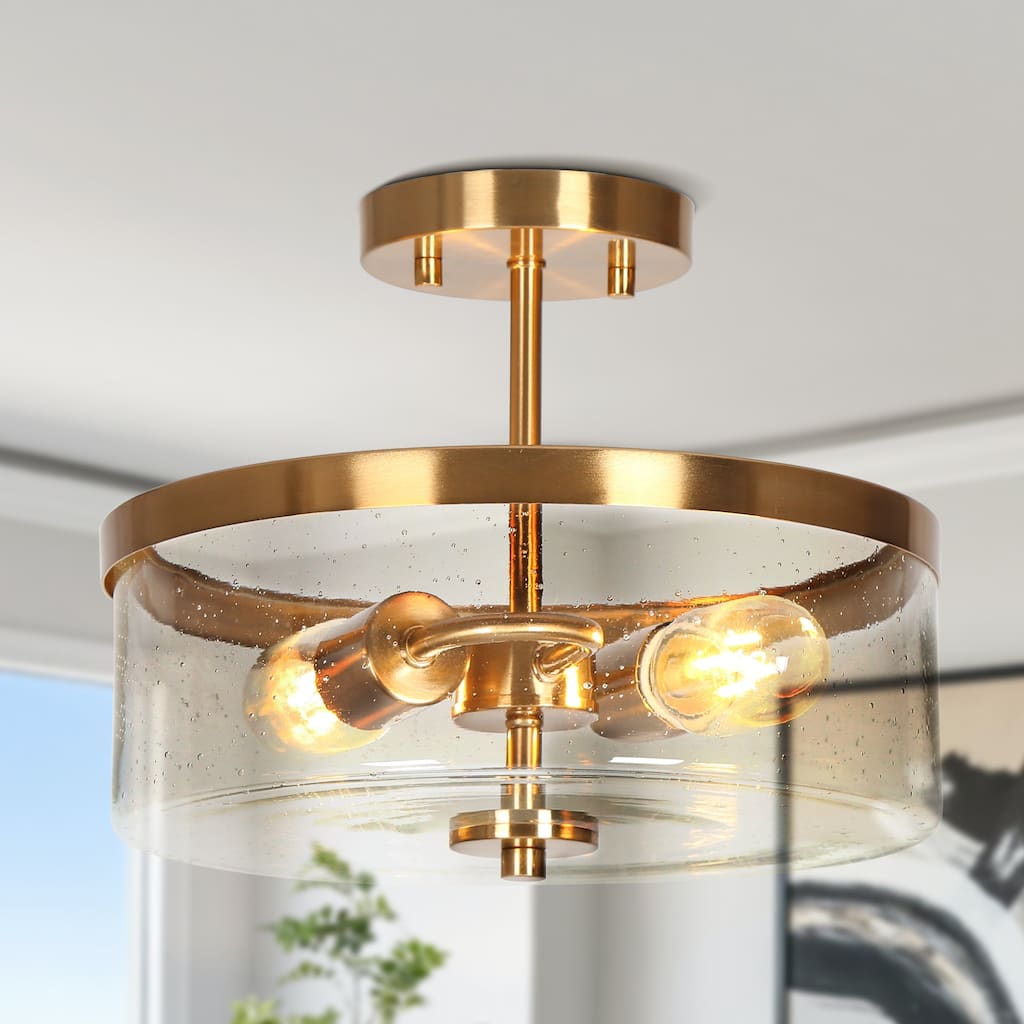 Mid-century Modern Drum Semi-flush Mount with Clear Seed Glass Dimmable Brass Gold Ceiling Lights - Brass Gold - D 12" x H 9.5"