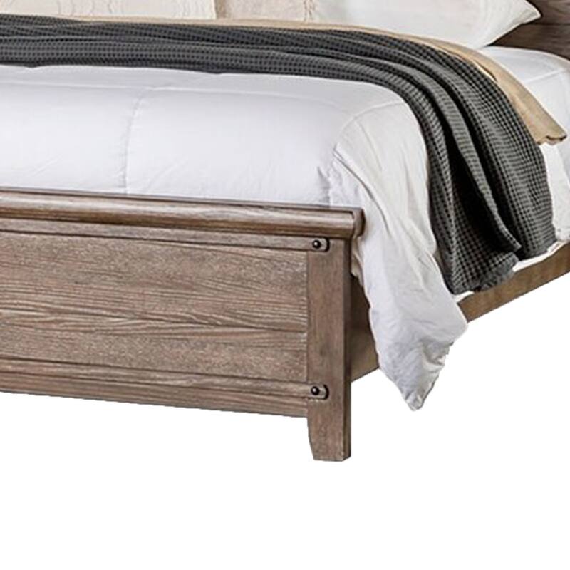 Merry Queen Bed, Curved Panel Headboard, Rivet Accents, Brown Wood