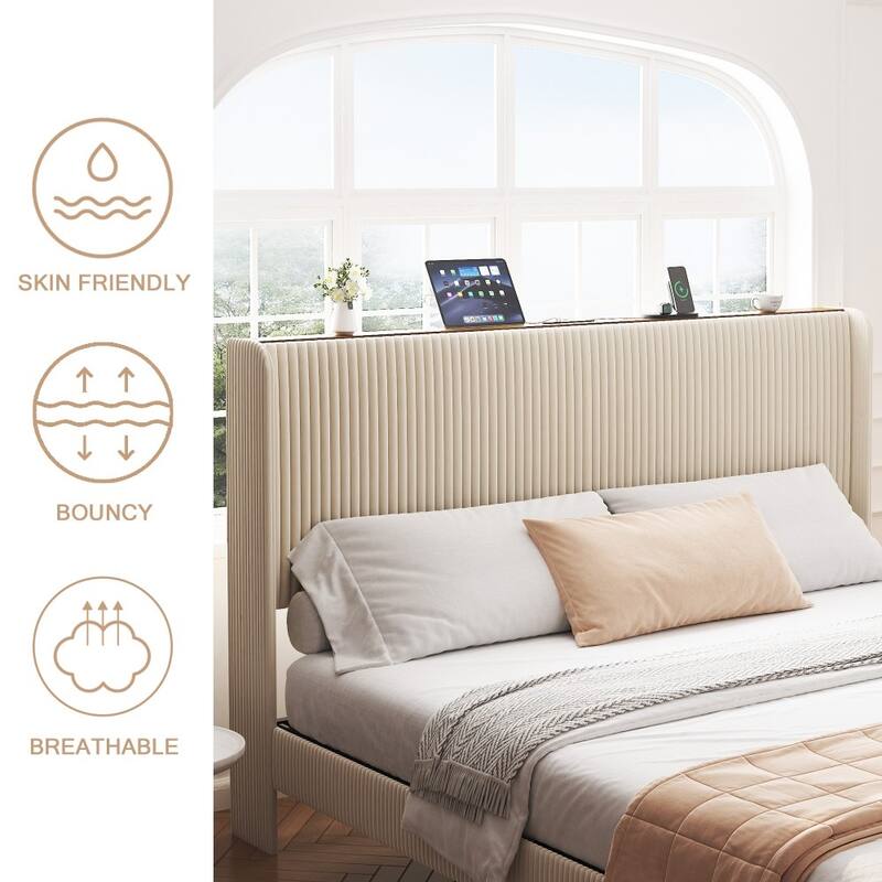 Modern Beige Metal Platform Bed Frame with Charging Station, 2 USB Ports for Living Room