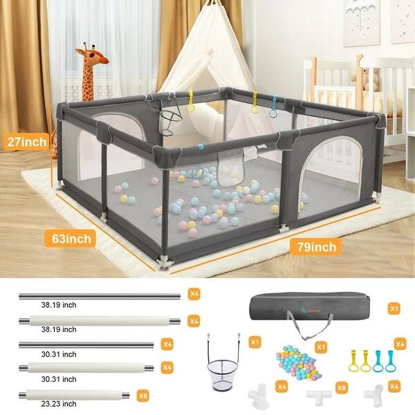 Infant 79"x63" 4-Panel Baby Playpen Spacious & Secure Foldable Playard Grey