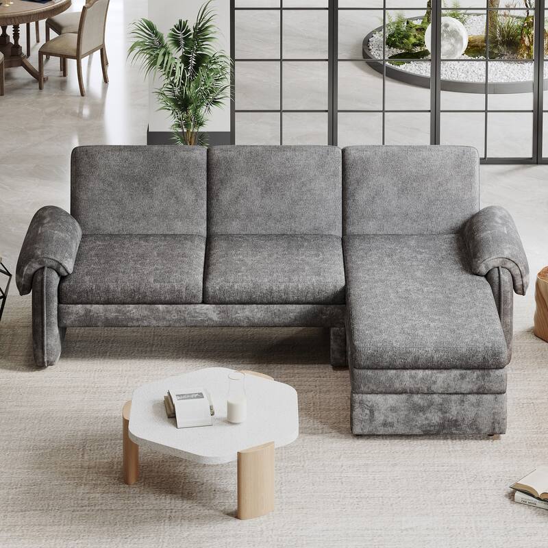 Convertible Futon Sofa Bed with Reversible Chaise Lounge, 2 Removable Armrest Pillows and Folding Backrest for Living Room