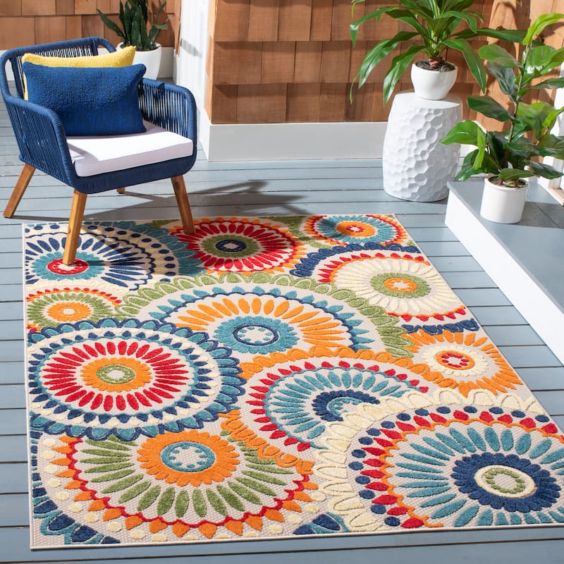 SAFAVIEH Cabana Mrinal Indoor/ Outdoor Waterproof Patio Floral Rug - 5'3" x 7'7" - Blue/Ivory