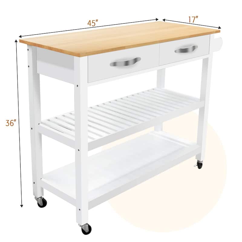 45" Kitchen Island Cart with Wheels, 2 Drawers & Open Storage Shelves - 45 x 17 x 35 inches