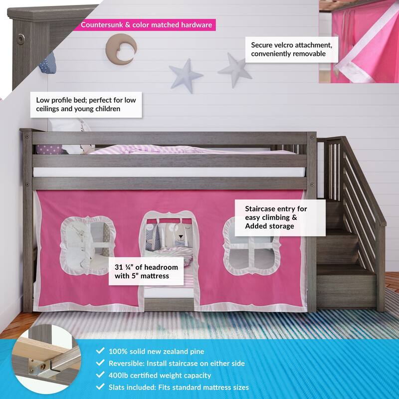 Max and Lily Twin over Twin Low Bunk Bed with Staircase and Curtains