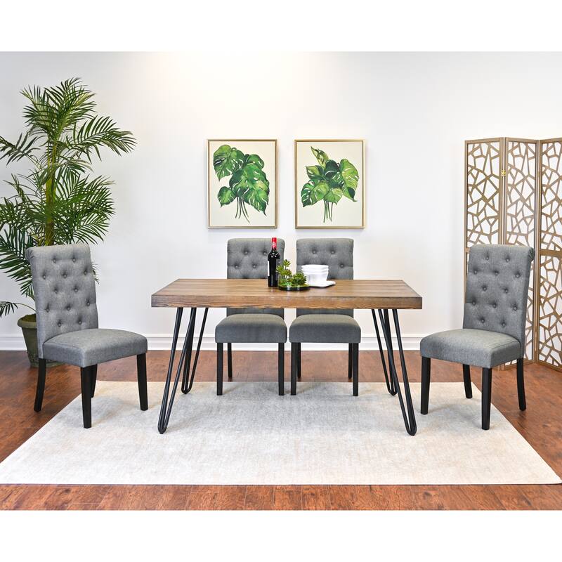 Rustic Hairpin Leg Side Table and 4 Upholstered Dining Chairs - Brown