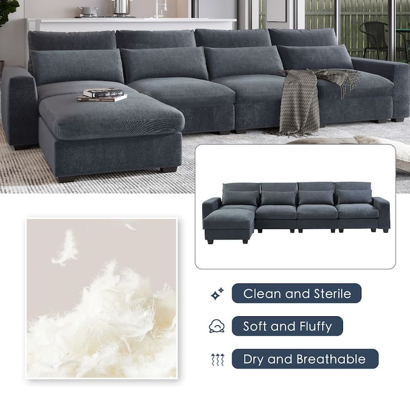 Modern Convertible L-Shaped Linen Feather Filled Reversible Sectional Sofa