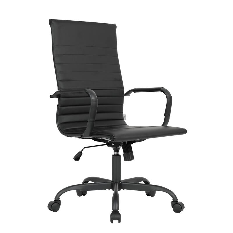 Harris Ribbed Leather Adjustable High-Back Desk Computer Swivel Office Chair in Black Metal Frame for Home Conference - Black