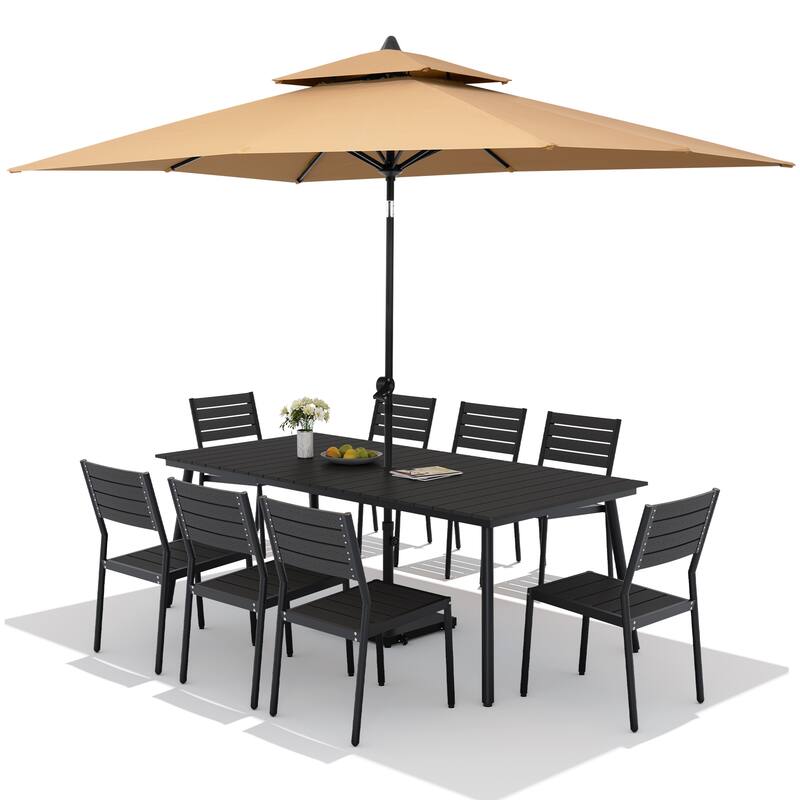 11PC Outdoor Patio Dining Set Wood-Like Aluminum Table with Stackable Chairs,Double Top Market Umbrella and Wheel Base