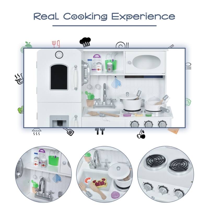 Kids Wooden Kitchen Playset with Sink Stove Phone Accessories and Storage White Pretend Cooking Toy - 41x28 in