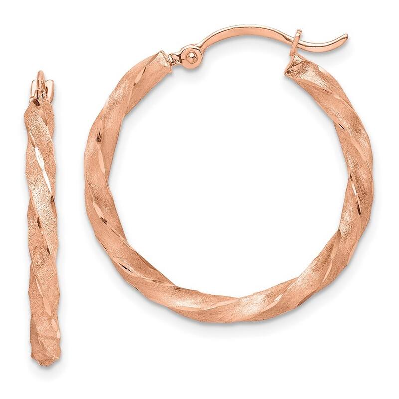 Curata 14k Rose Gold Twisted Satin and Sparkle Cut Hoop Earrings - 27x26.5mm