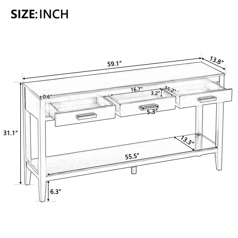 Farmhouse Entryway Table with 3 Drawers, Painted Console Table with Bottom Shelf & Iron Handles
