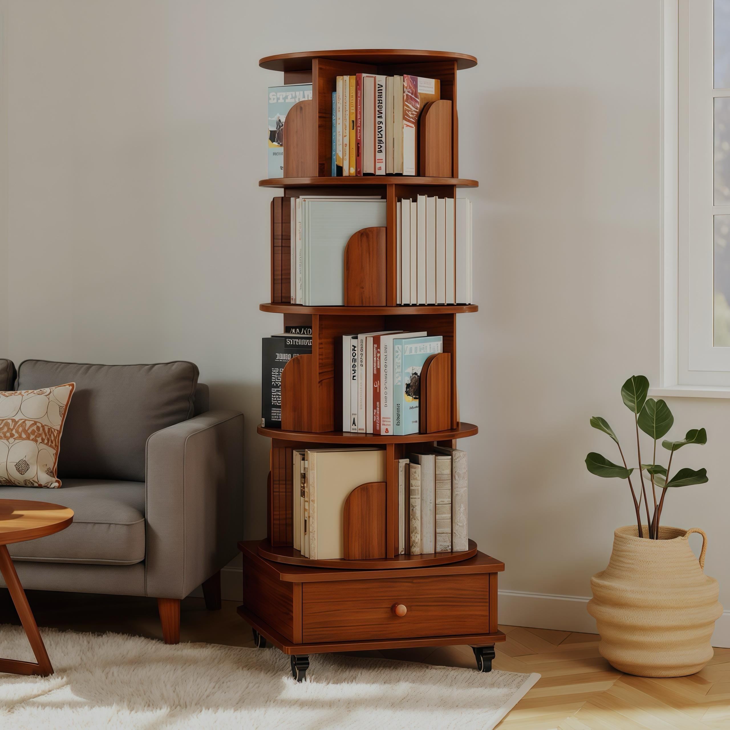 360° Rotating Bookshelf with Drawer, 5-Tier Corner Bookshelf