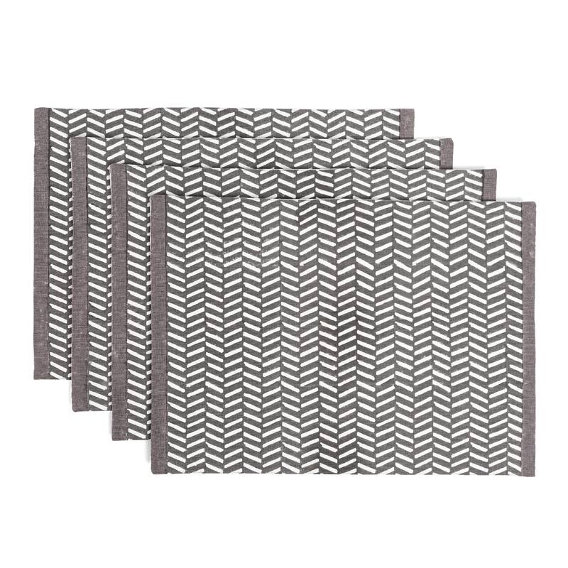 over&back Hand-Blocked 100% Cotton Placemats - Machine Washable - Set of 4 - Grey Herringbone