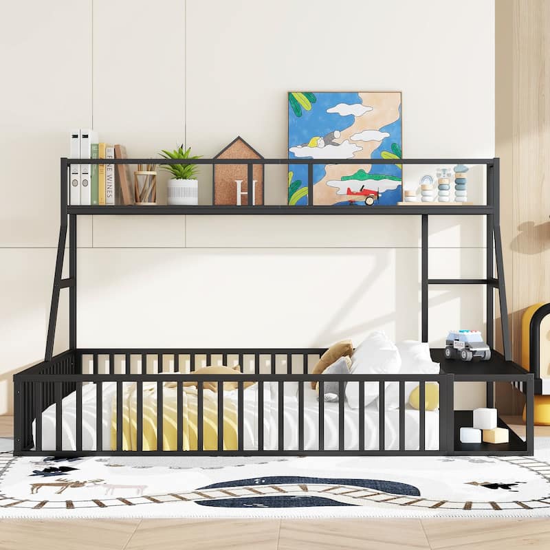 Kids Metal Floor Bed with Safety Fence, Full Size Montessori Bed with Storage and Desk, Play Space for Children