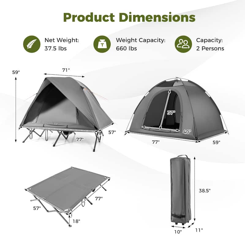 Grey Oxford Cloth Metal Elevated Camping Cot Tent for 2 Persons with Wheeled Bag - 77" x 71" x 59"