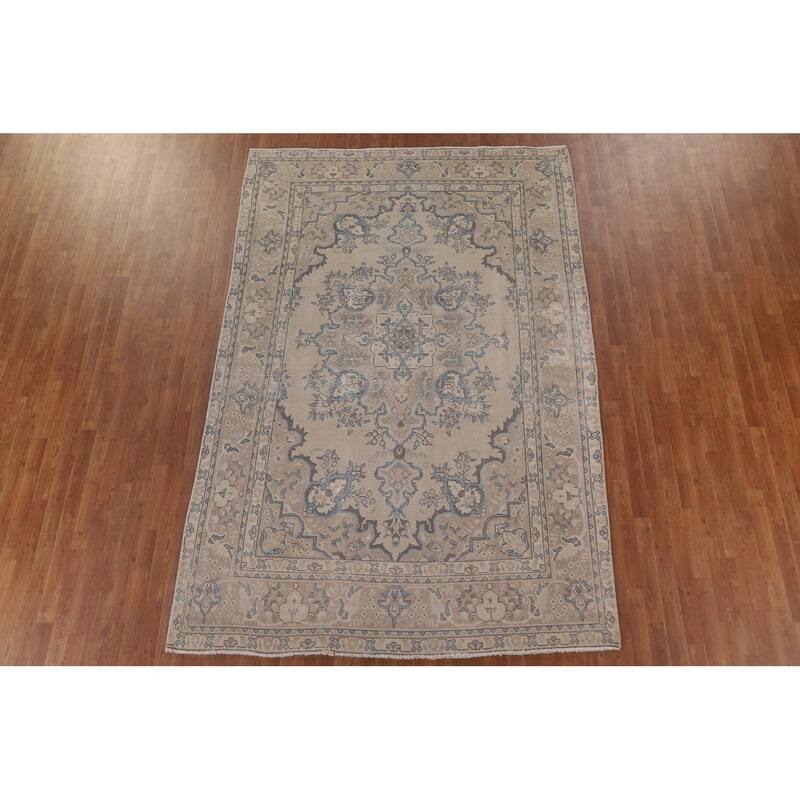 Vintage Distressed Tabriz Persian Rug Beige Handmade Wool Carpet - 6'11" x 10'4"