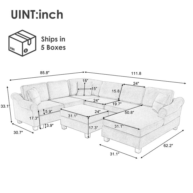 111.8" U-Shaped Chenille Sectional Sofa with Movable Storage Ottoman, Roll Arms and Accent Pillows for Living Room