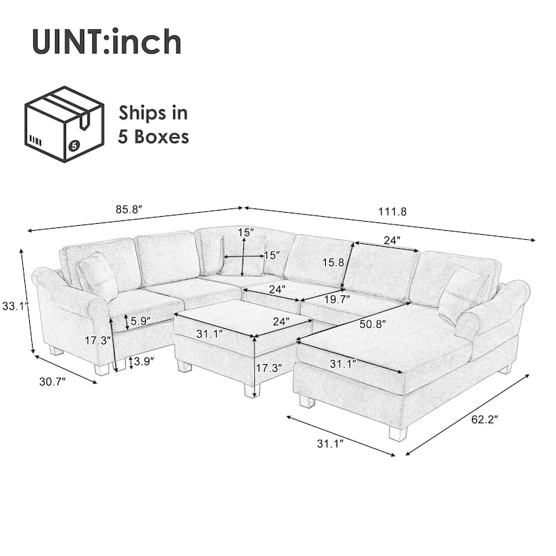 4-piece Sectional Sofa with Movable Storage Ottoman, Dark Gray Chenille for Living Room