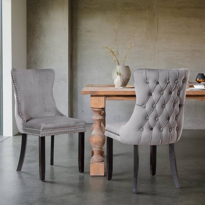 Upholstered Wing-Back Dining Chair with Backstitching Nailhead Trim and Solid Wood Legs,Set of 2
