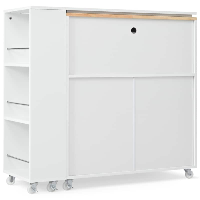 Wooden Kitchen Island with Rollers Storage Cabinet, Side Open Shelves, LED Lights, Power Outlets and 2 Fluted Glass Doors