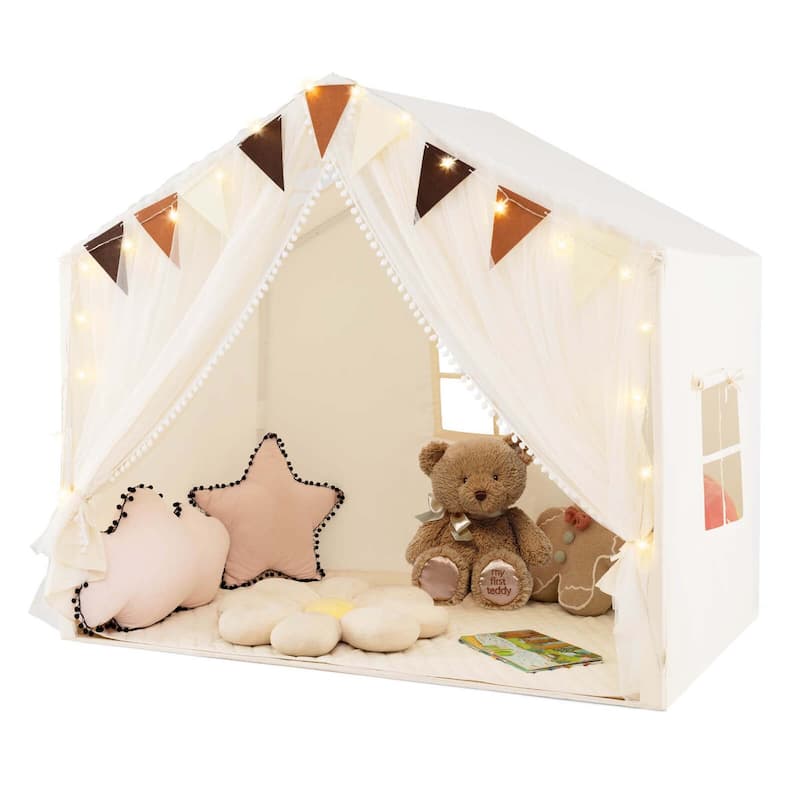 Kids Indoor Playhouse Toddler Play Tent w/ Windows & Cotton Mat - Beige