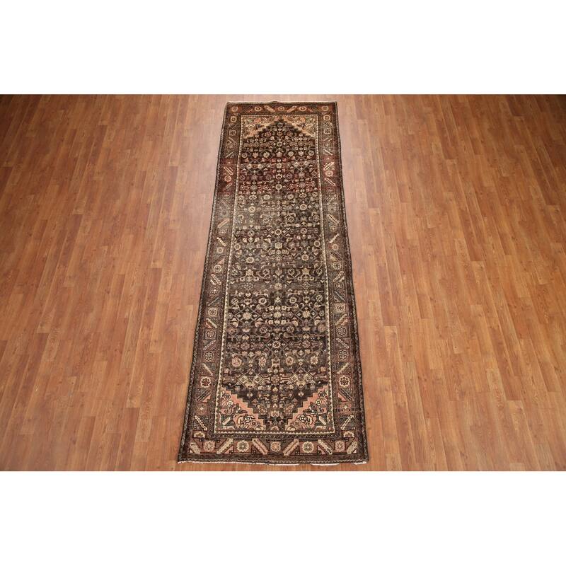 Hand Knotted Oriental 100% Wool Carpet Traditional Geometric Brown Malayer Runner Rug - 10' 2'' X 3' 3''