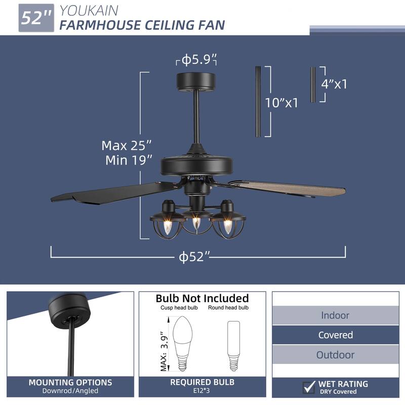 52-Inch Farmhouse Wooden Ceiling Fans with 3 Lights and Remote Control, 5-Reversible Blades Indoor/Outdoor