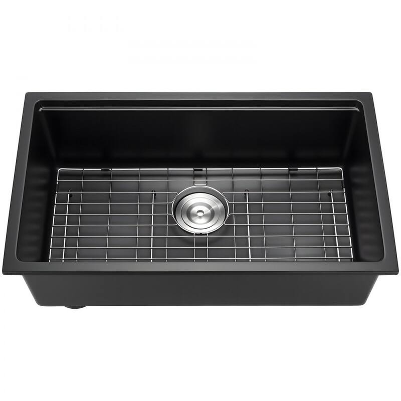 Black Granite Undermount Kitchen Sink with Single Bowl and Cutting Board and Roll-Up Rack
