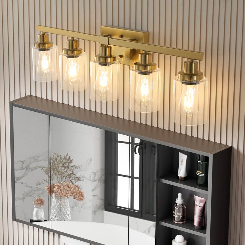 Golden 5-Light Vanity Light with Clear Glass Shades,Modern Iron Metal Bathroom Wall Fixture for Mirror(No Bulbs)