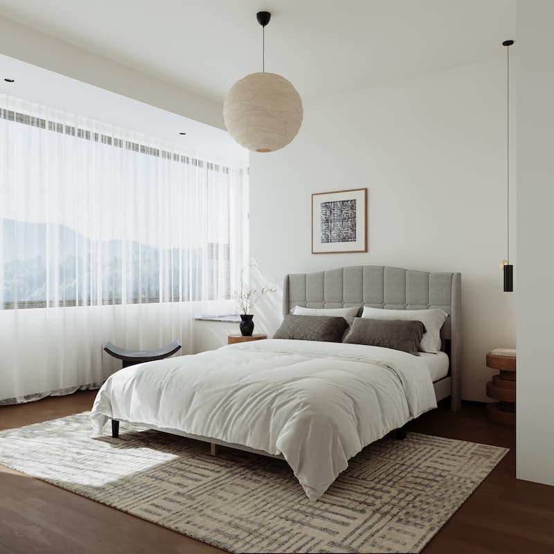 Upholstered Platform Bed Frame with Wingback Headboard and Wooden Slats