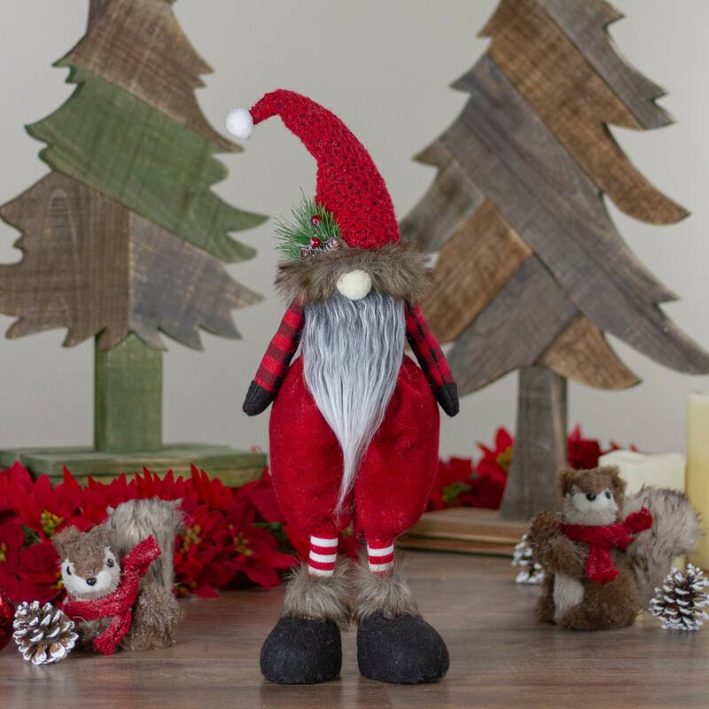 Standing Buffalo Plaid Gnome with Berry Pine Christmas Figure - 17"