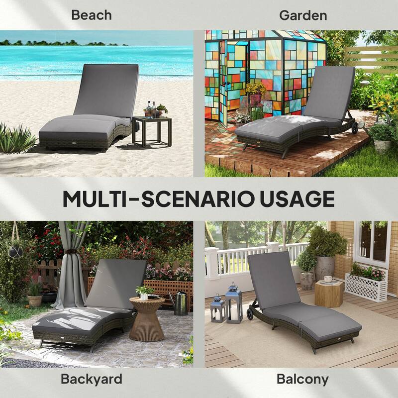 3 Piece Outdoor Rattan Chaise Lounge Chair Set with Cushions and Glass Top Side Table Adjustable Reclining