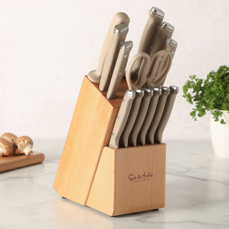 Sur La Table Kitchen Essentials 14 Piece Cutlery Set, German Steel Forged Knives, Beech Wood Block