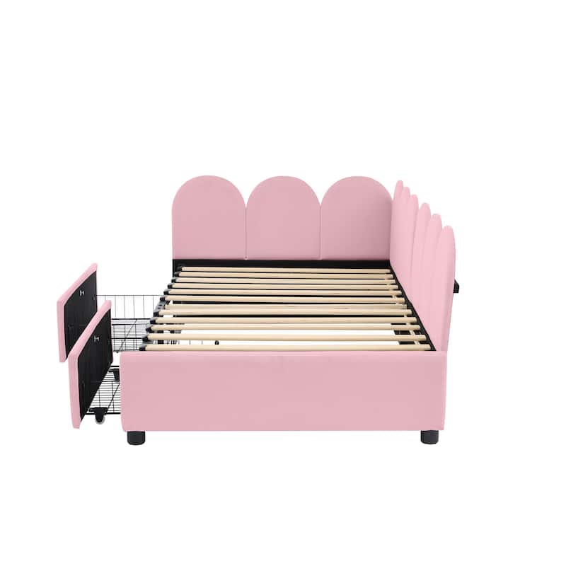 Twin Size Velvet Upholstered Daybed with 2 Drawers and Soft Fabric Headboard for Bedroom
