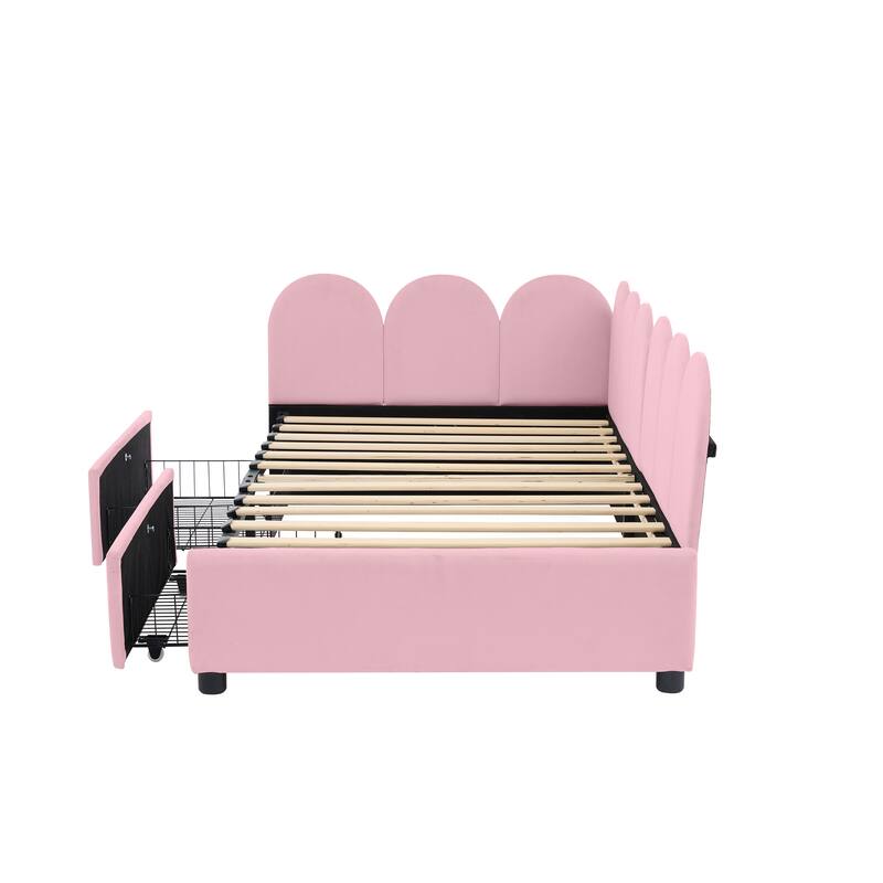 Velvet Upholstered Daybed with Two Drawers and Soft Headboard