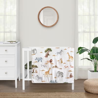 Sweet Jojo Designs Jungle Animals Boy Girl Gender Neutral Unisex 3p Mini Crib Bedding Set Dark Hunter Green Safari Elephant Lion