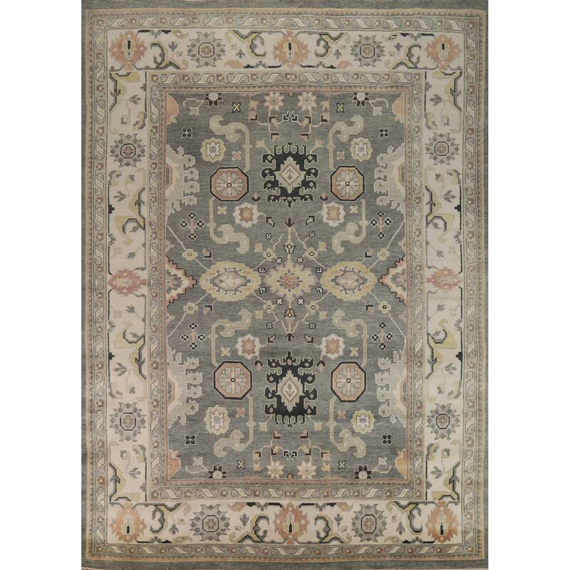 Gray Oushak Indian Area Rug Handmade Geometric Wool Carpet - 8'4" x 11'10"