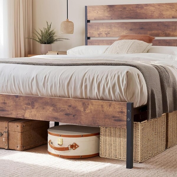 VECELO Industrial Wood Bed Frame with Headboard Twin Size Beds Full Size Beds Queen Size Beds On Sale Bed Bath Beyond 32860972
