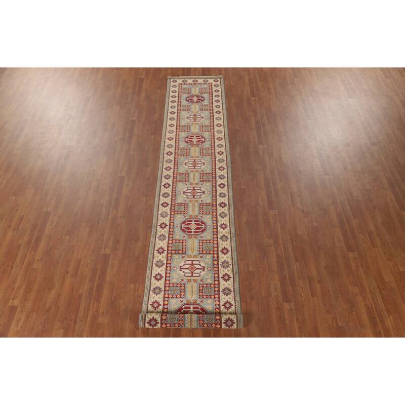 Geometric Kazak Runner Rug Hand-Knotted Wool Carpet - 2'8" x 13'6"