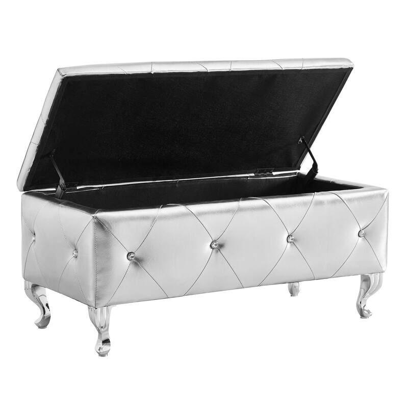 Storage Bench Leisure Stool with Safety Hinged Flap, End of Bed Decorative Bench with Crystal Buttons and Metal Legs