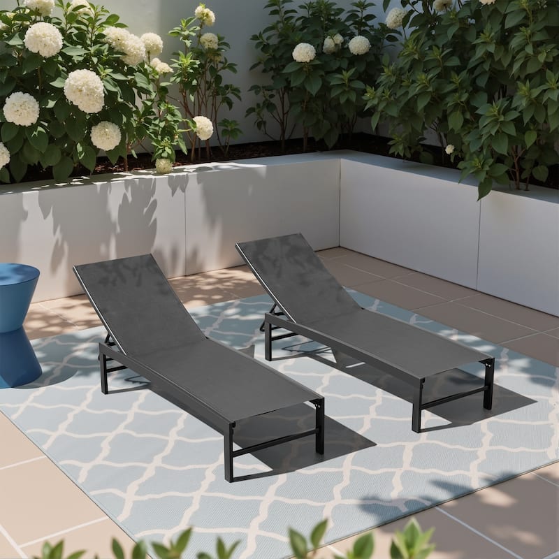 Outdoor Pool Lounger Aluminum All-weather Adjustable Chaise Lounge Chair - See Picture - Black Fabric, Black Frame - Set of 2