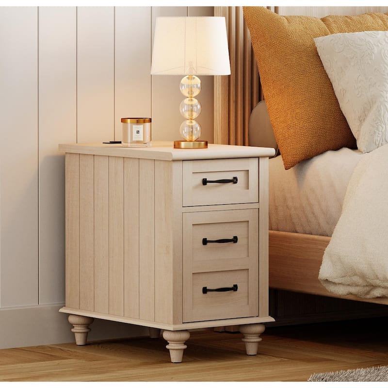 Nightstand End Table With Charging Station for Living Room Bedroom - Beige - 1-drawer