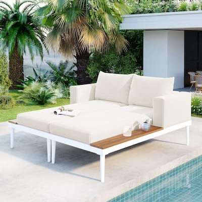 Patio Metal Daybed with Wood Topped Side Spaces for Drinks