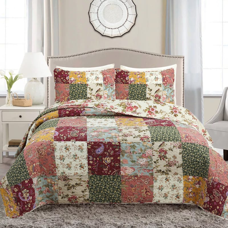 Cozy Line Country Vintage Farmhouse Multicolor Floral Paisley Patchwork Cotton Quilt Bedding Set