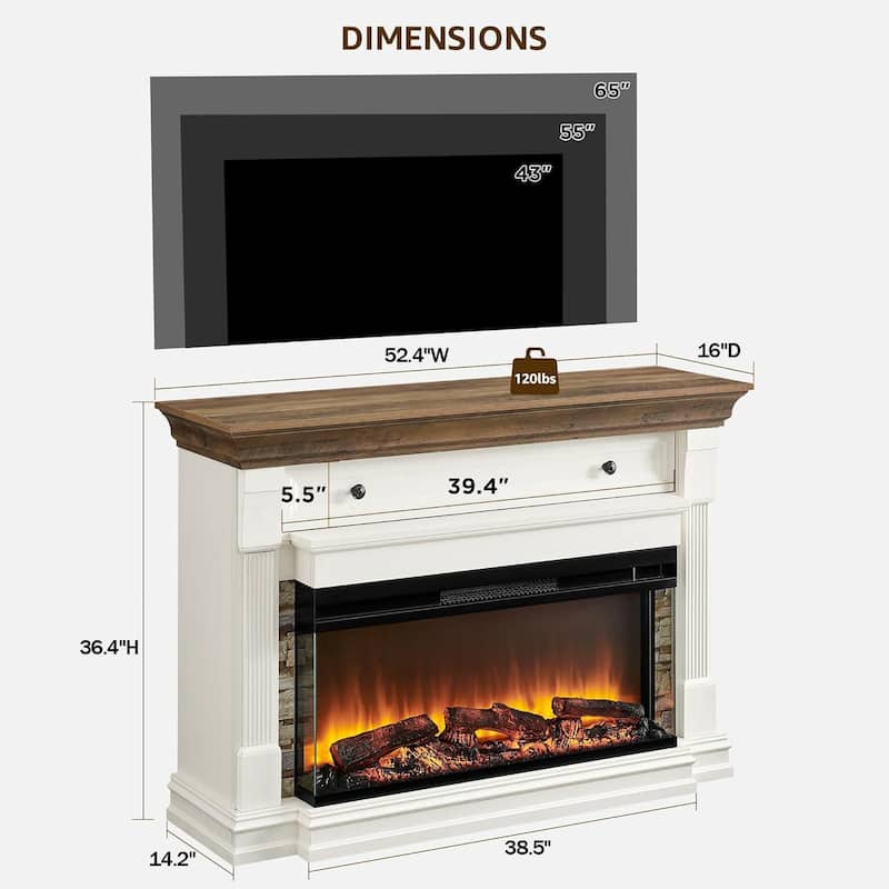 52" Farmhouse 3-Sided Fireplace TV Stand, Wood Entertainment Center