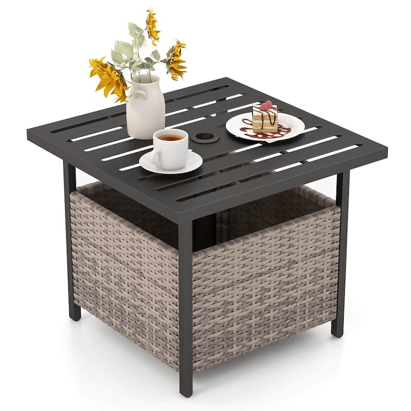Costway Rattan Wicker Steel Side Table Outdoor Furniture Deck Garden - See Details - Grey