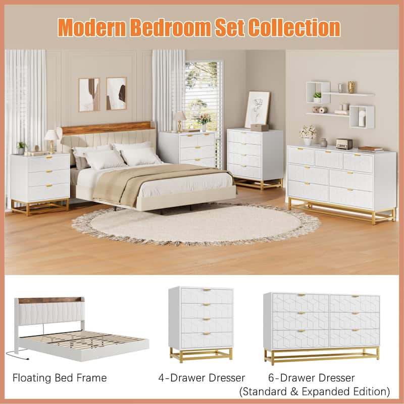 53.5" Modern 6-Drawer Dresser with Metal Legs, Wide Storage Chest of Drawers for Bedroom, Living Room, Entryway