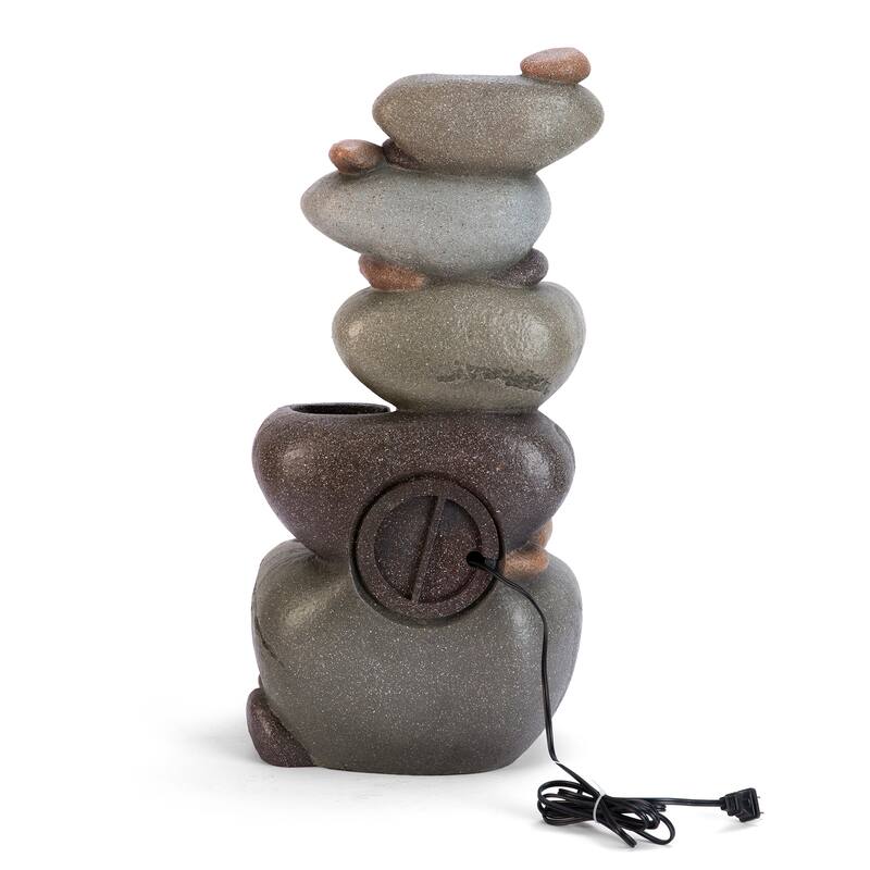 Glitzhome 24.5"H 5-Tiered Zen Style Stacked Pebbles Polyresin Outdoor Fountain with Pump and LED Light